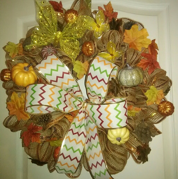Handmade Seasonal Fall Wreath w Chevron Bow - Picture 1 of 8